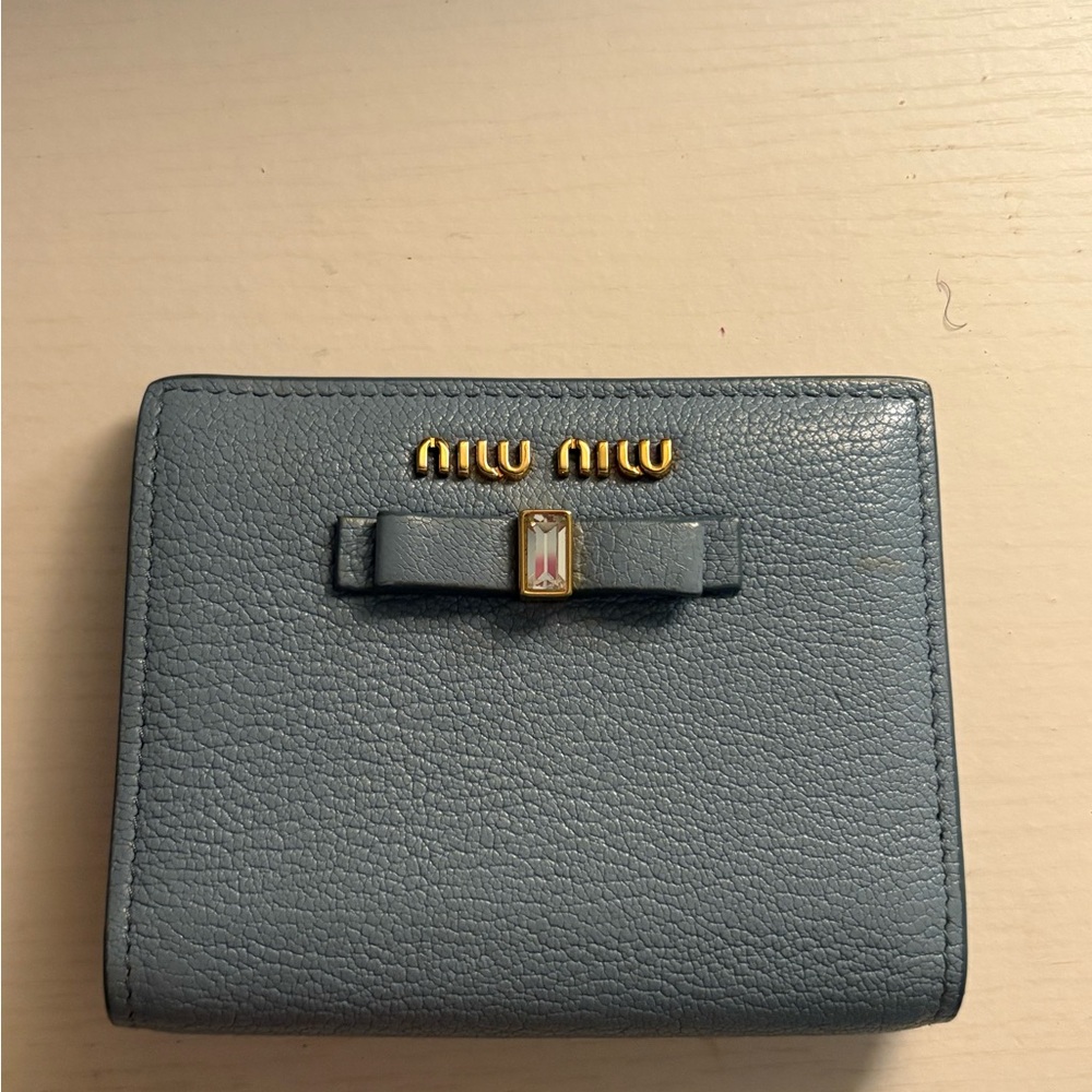 Miu Miu Gray Leather Crystal Compact Wallet with Gold Accents